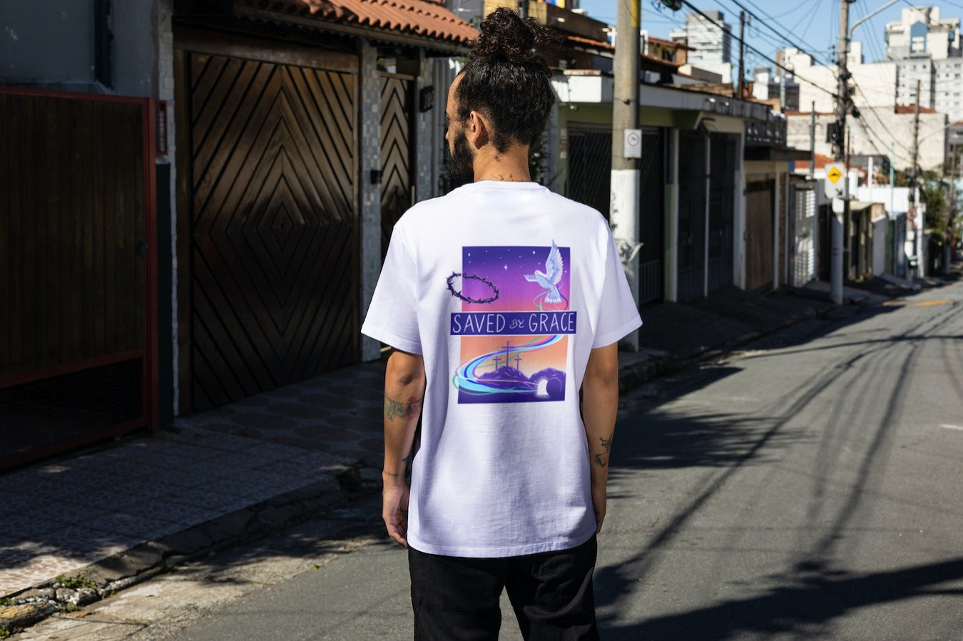Man wearing a White Revival Everywhere Saved by Grace T-Shirt Man wearing a White Revival Everywhere Saved by Grace T-Shirt